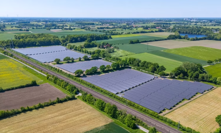 Aerial view of the Ennigerloh-Oelde solar park by LichtBlick with a capacity of 11.7 MWp
