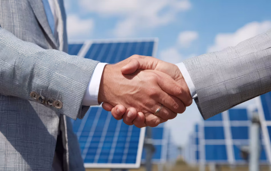 Handschlag vor Solarpark – Vertragsverhandlung und Kooperation im PV-Projekt
